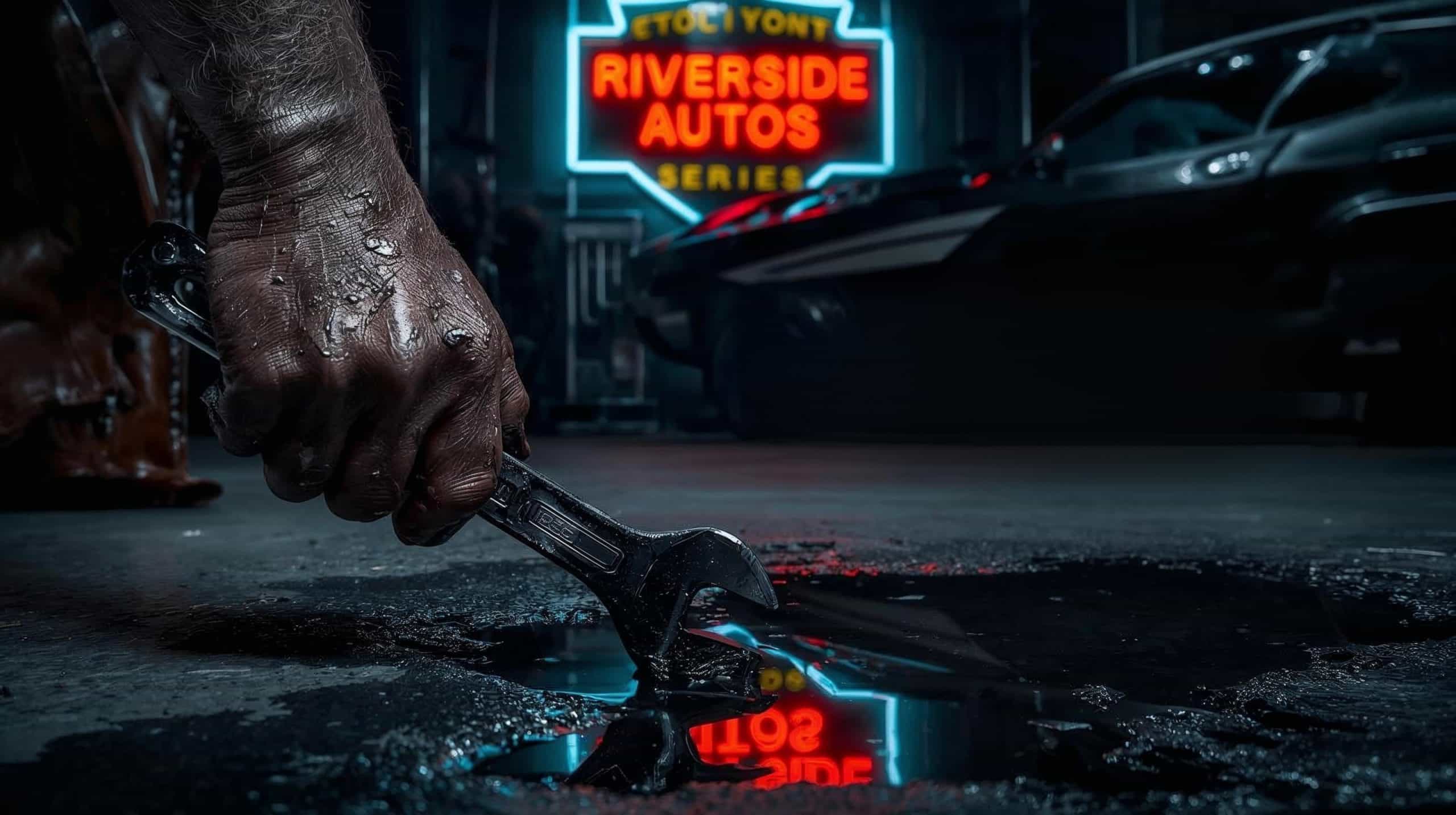 A dark, wet hand uses a wrench on the ground beneath neon-lit signs outside a car dealership.